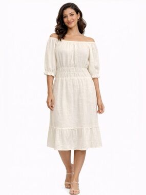 Euro Summer Dress | 100% Cotton Gauze | Ruffles | Poof Sleeve | Cream | Extra Lg